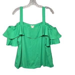 J Crew Top Blouse Women 12 Silk Green Cold Shoulder Ruffle Tank Top Strap Shirt